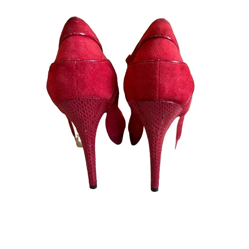 White House Black Market WHBM Red Suede Platform Open Toe Heels 7.5